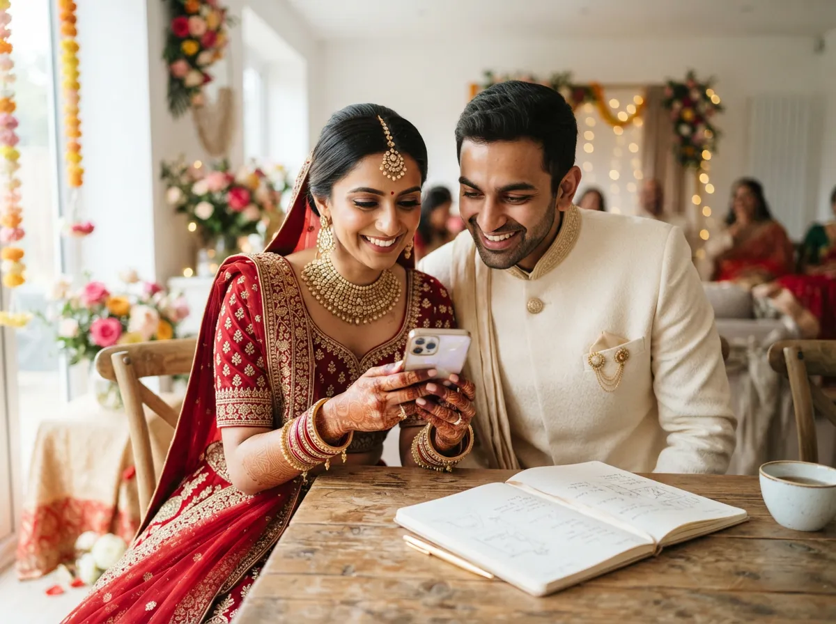 Indian bride and groom planning their wedding on a smartphone